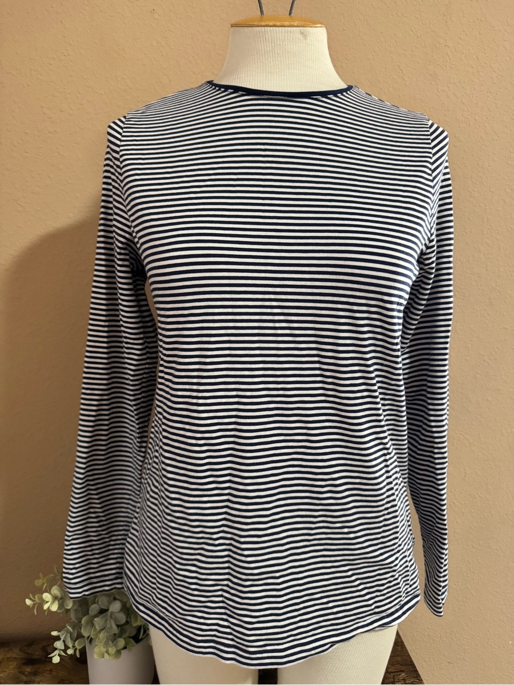 Lands' End Navy and White Striped Long-Sleeve Tee